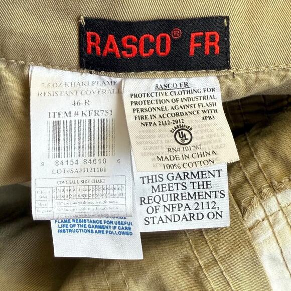 Rasco FR Khaki Flame Resistant Coverall Mens Size 46-R / XL 100% Cotton Unlined - Picture 13 of 16
